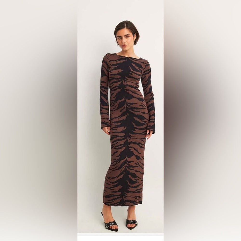 NA-KD Brown and Black Tiger Print sweater Dress with side cut out
